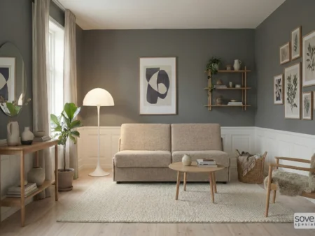 Bedinside sofa i grått tekstil vist rett forfra i stue, med utrekkbar seng og 116 cm bred madrass. Modellen vises med dekkplate uten armlener, den smaleste varianten, og tilbyr ni ulike armlenevalg