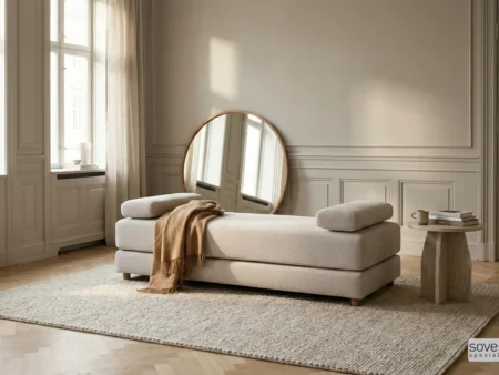 Skandinavisk daybed stilt opp som daybed med pledd. perfekt som gjesteseng på kontoret eller gjesterommet