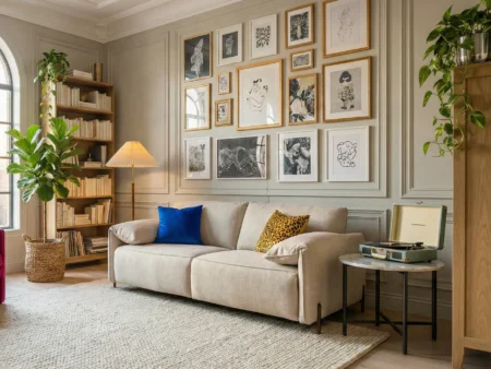 Beige designsovesofa med 160 cm bred seng og unike dunfylte puter integrert i armlenene. Vist fra siden i et lyst skandinavisk hjem med fargerike pynteputer