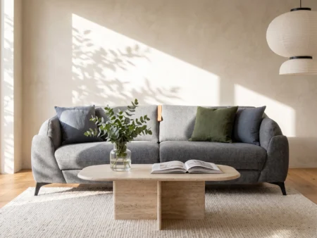 Mørk grå Dienne Dune sovesofa i klassisk moderne design, plassert i en minimalistisk stue med Japandi-stil.