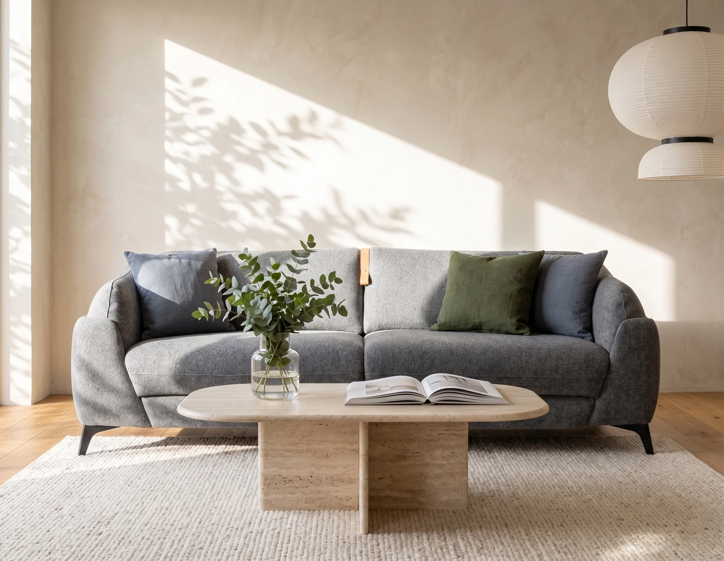 Mørk grå Dienne Dune sovesofa i klassisk moderne design, plassert i en minimalistisk stue med Japandi-stil.