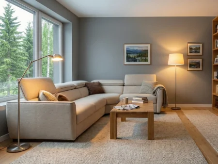 Beige Dienne Fellini hjørnesofa i en klassisk norsk stue hos et eldre ektepar.