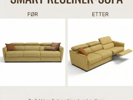 Gul modulær sovesofa med integrert recliner vist i både åpen og lukket posisjon. Praktisk og fleksibel løsning med 200 cm liggelengde.