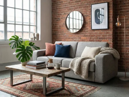 Hovden Bedinside 140 cm sovesofa med brede Ambassadør armlener, sett forfra mot en rustikk murvegg.