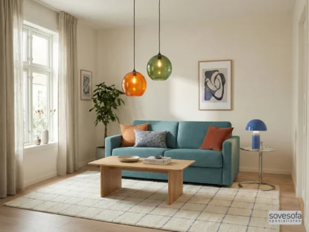 Hovden Bedinside 2-seter sovesofa i turkis farge plassert i lys stue. 116 cm seng og klassiske Nobel armlener. En av Hovdens beste modulserier.