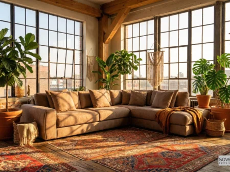 Hovden Sweet Åpent Hjørne hjørnesovesofa i Mocha Mousse i en stor, bohemian loftsleilighet i New York stil. Luksusmodell med dunputer og 180 cm seng.