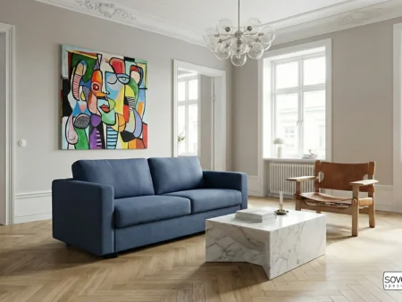 Hovden Saga 140 blå sofa i tekstil – perfekt i elegant Frogner-leilighet i Oslo