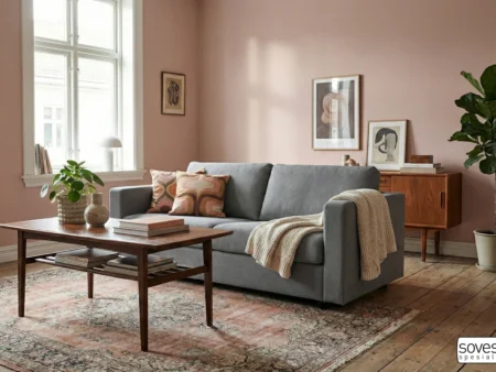 Hovden Saga 140 grå tekstilsofa med pocketmadrass i klassisk leilighet med rosa vegger