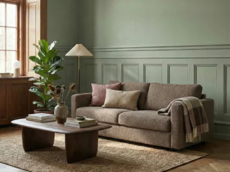 Hovden Saga 160 brun sofa i tekstil med pocketfjæring, plassert i klassisk leilighet med grønne vegger i eldre bygård