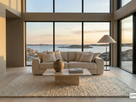 Hovden Sweet 180 i eksklusiv hytte med panoramavinduer mot vannet. Premium sovesofa 180 cm med 12 cm pocketmadras og dun i rygg- og sitteputer.