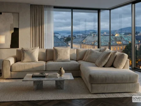 Luksuriøs Hovden Sweet hjørnesovesofa med åpen ende og 180 cm seng, plassert i en moderne toppleilighet med flott utsikt.