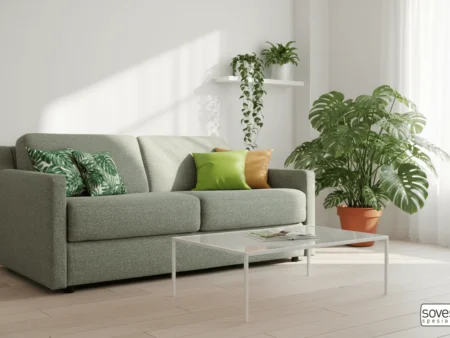Hovden Victory 140 sovesofa i trendy Iberia Pale Green tekstil i moderne stue. Premium sovesofa med 17 cm pocketmadras og dagligbruk-kvalitet.