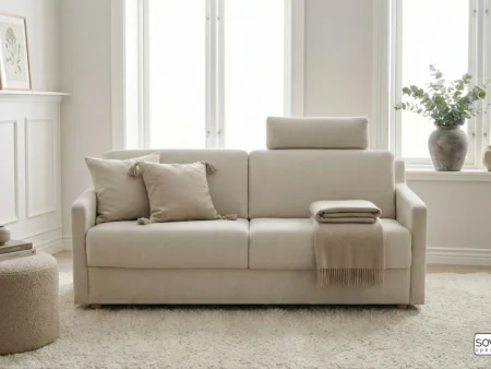 Hovden Victory 140 sovesofa i lyst tekstil sett rett forfra i moderne stue. Premium sovesofa med 17 cm ekte pocketmadras og dagligbruk-kvalitet.