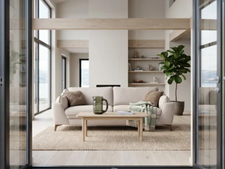Komfortabel og stilren Dienne Dune sovesofa i lys beige, perfekt tilpasset et moderne skandinavisk hjem.