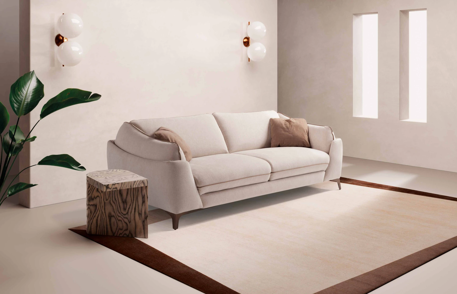 Komfortabel kvalitetssovesofa med unikt design og 13 cm høye ben, vist fra siden i en stue.