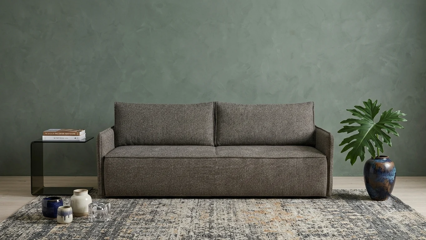 Gulvnær loungesofa fra Hovden. Baltic 3-seter sofa med rette vinkler, tynne vanger og dekorative franske sømmer helt ned til gulvet.