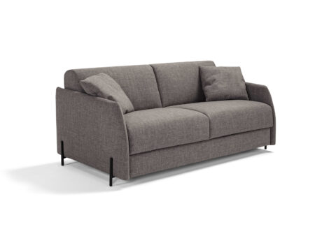 Modern sovesofa fra Dienne i moderne design, vist i grått tekstil med avrundede armlener og svarte metallben.
