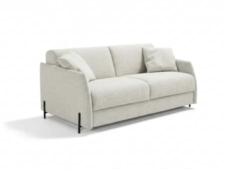 Hvit moderne sovesofa med 17 cm tykk madrass og smale armlener. Bildet viser detaljer av stilrene stålben og et plassbesparende design på hvit bakgrunn.