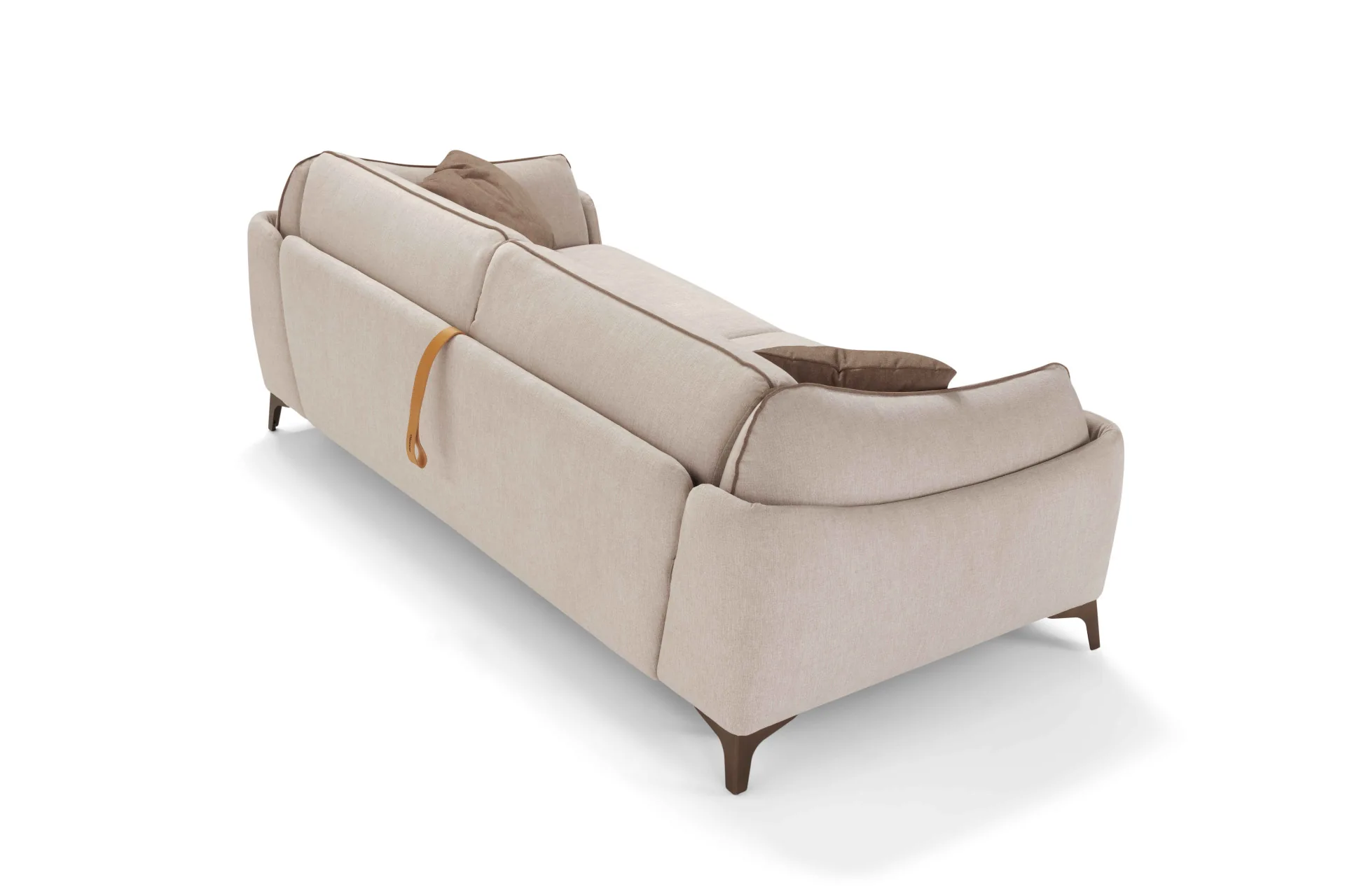 Baksiden av en stilren og moderne sovesofa på hvit bakgrunn.