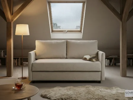 Smarty 140 kompakt sovesofa i lyst tekstil, vist rett forfra i loftstue. Sofaen er 155 cm bred og har en 140 cm seng med pocketfjærer for god komfort. Perfekt for gjesterom eller hjemmekontor, og leveres med madrassbeskytter.