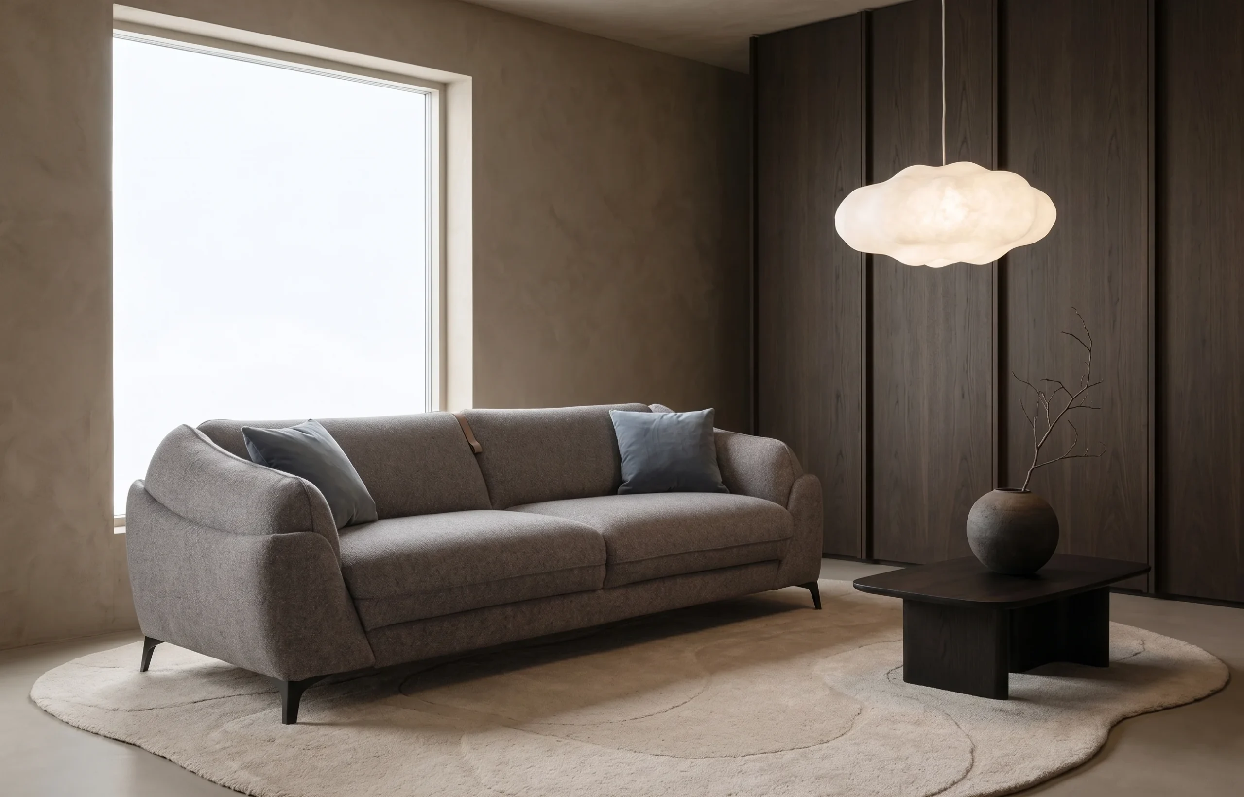 Dienne Dune sovesofa i mørk grå med unikt og luksuriøst design, stylet i et rom med maskulin interiørstil.